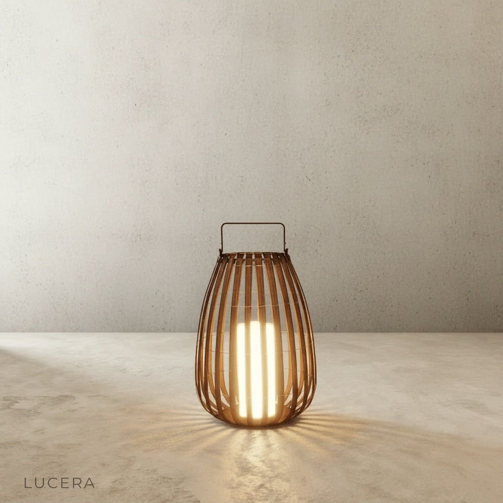 minimalist rattan garden lamp side view on clean background