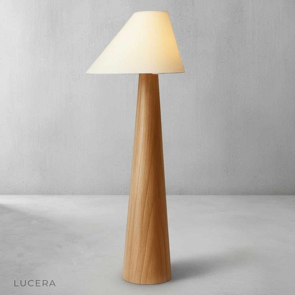 front view of Lucera wooden floor lamp with soft white shade in studio lighting