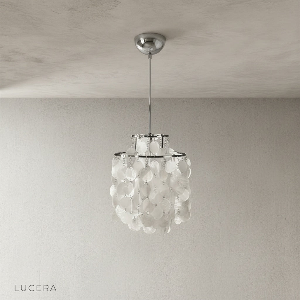 Zwing Chandelier front view in studio lighting highlighting pearlescent Capiz shell texture
