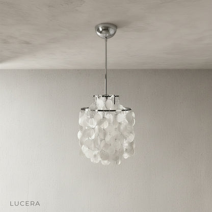 Zwing Chandelier front view in studio lighting highlighting pearlescent Capiz shell texture