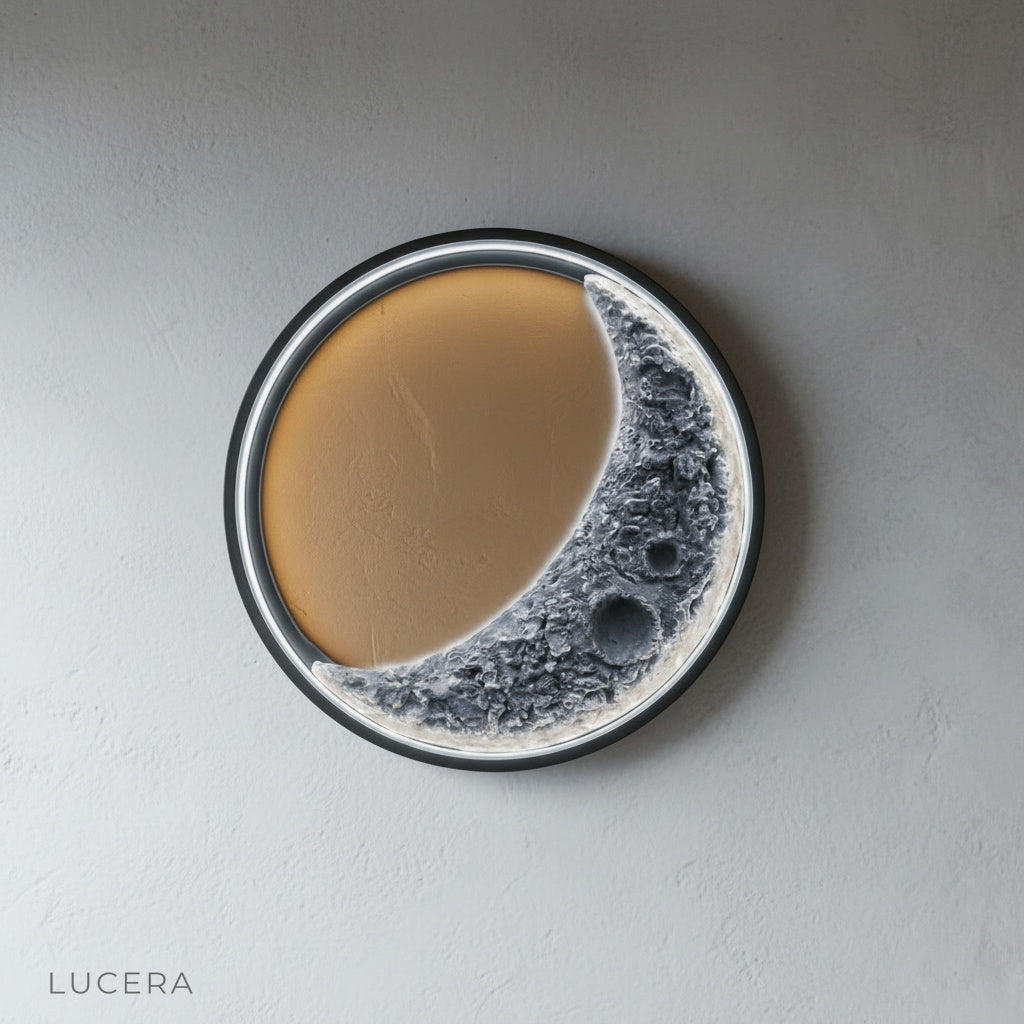 Studio shot of Haldor Moon Wall Lamp front view with detailed craters on matte black finish