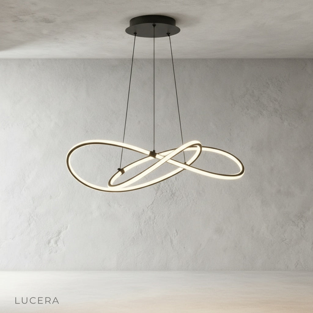Fortuna Chandelier front view showing sculptural silicon and copper ring design in studio