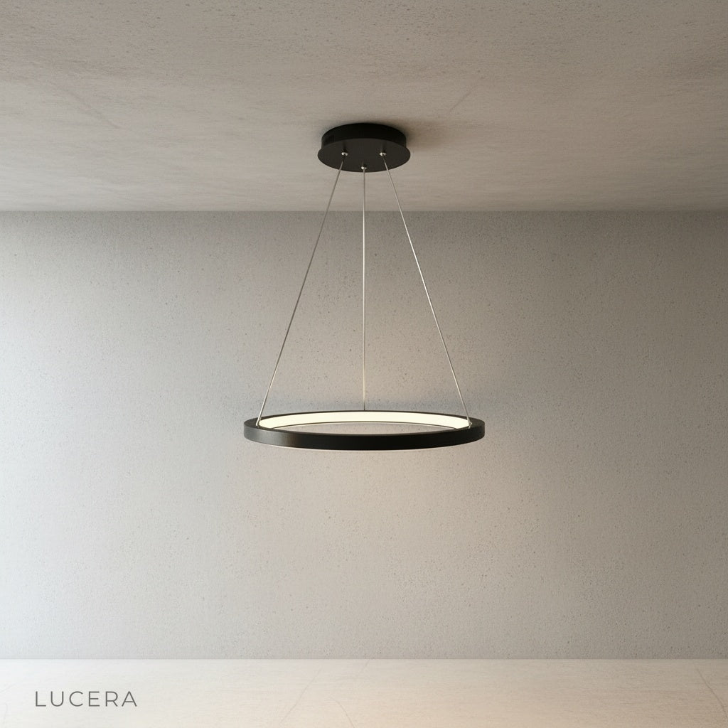 front view of lucera wash chandelier showing three-tier aluminum ring design