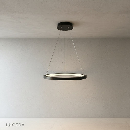 front view of lucera wash chandelier showing three-tier aluminum ring design