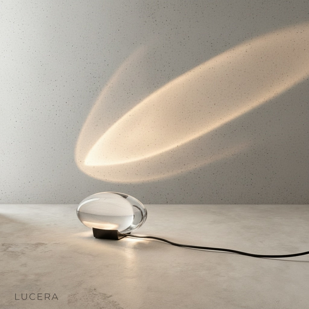 studio view of Whet Eye table lamp showing transparent glass orb and polished metal stem