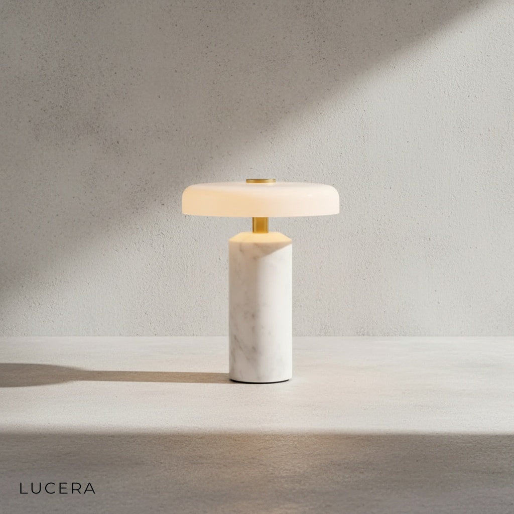 close-up of natural marble base texture and frosted glass diffuser on touch table lamp