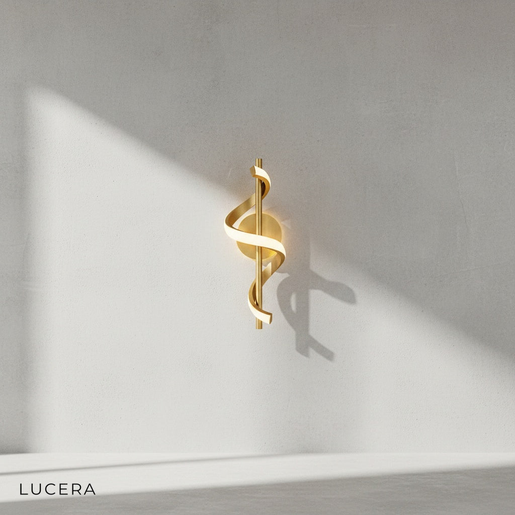 Close-up of Crescendo sculptural copper LED wall sconce showing textured metal details
