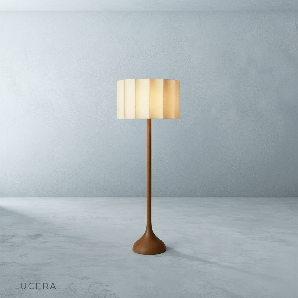 Alchemy Floor Lamp side profile showing slender wood grain and linen shade