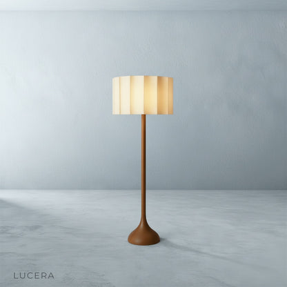 Alchemy Floor Lamp side profile showing slender wood grain and linen shade