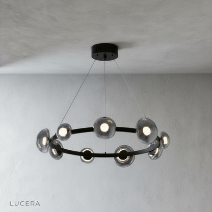 studio shot of Idea Round Chandelier with acrylic shades on white background