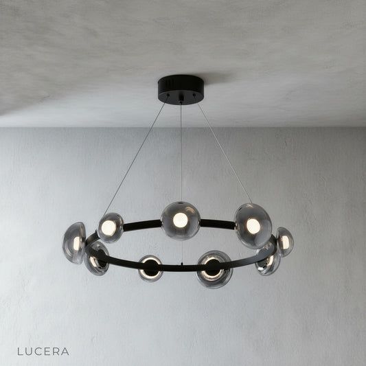 studio shot of Idea Round Chandelier with acrylic shades on white background
