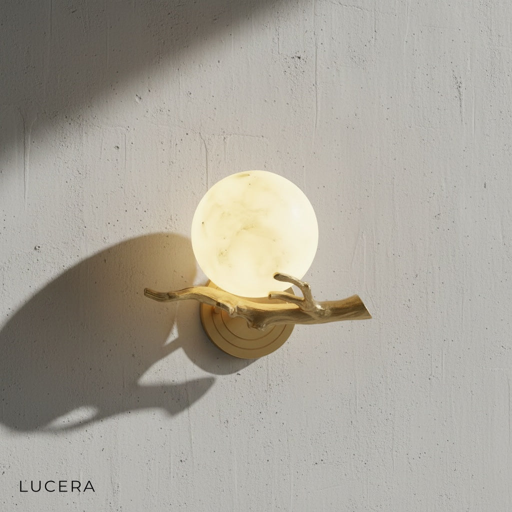 Close-up of Coda Moon lamp copper finish and marble texture detail
