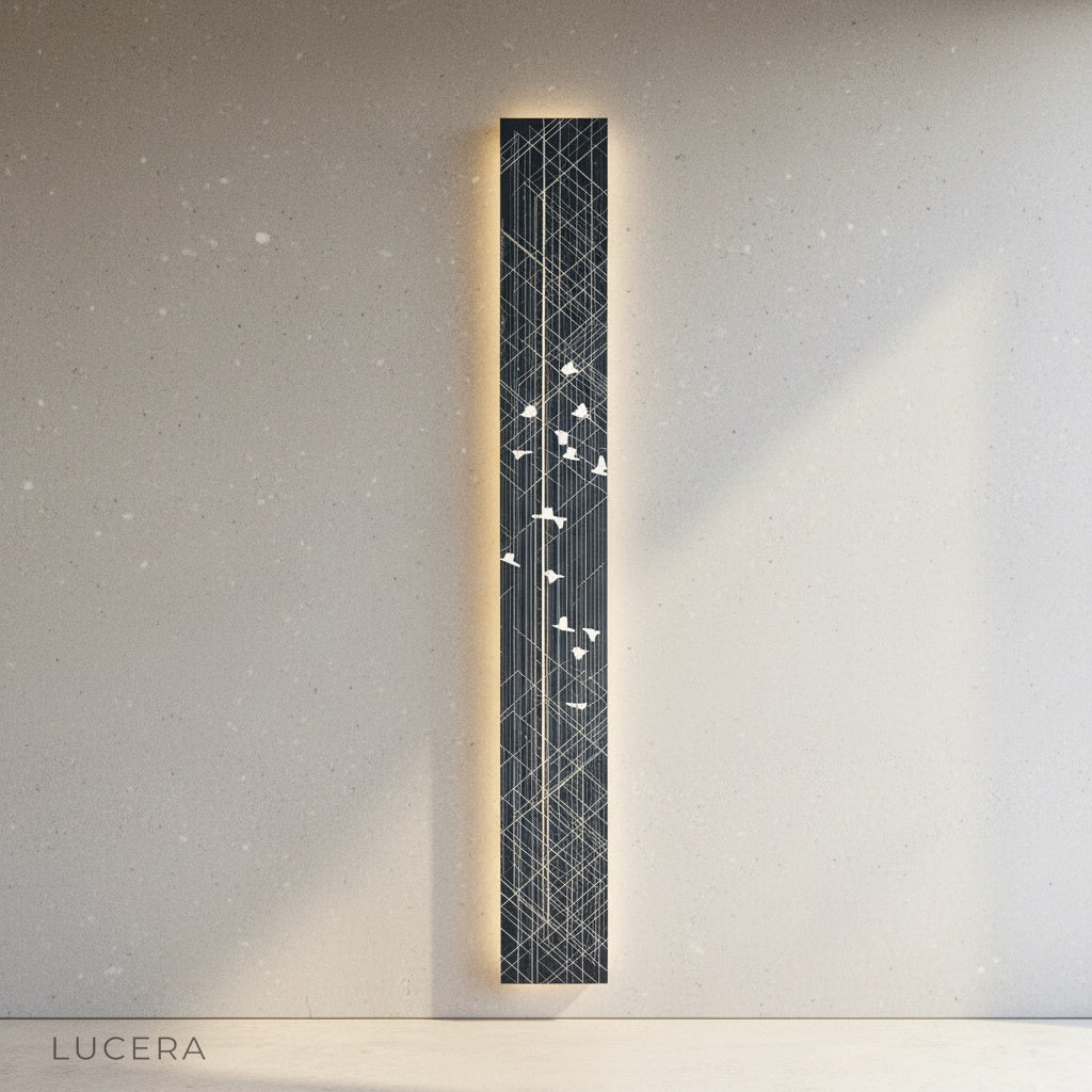 Vela Steel Illuminated Art angled studio shot showing etched steel surface texture