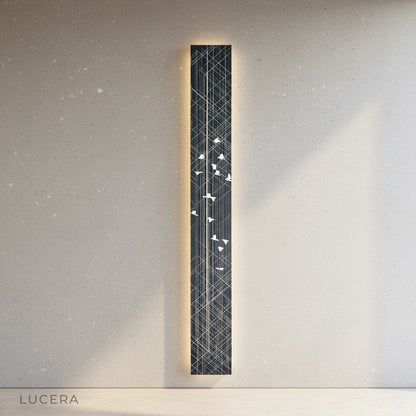 Vela Steel Illuminated Art angled studio shot showing etched steel surface texture