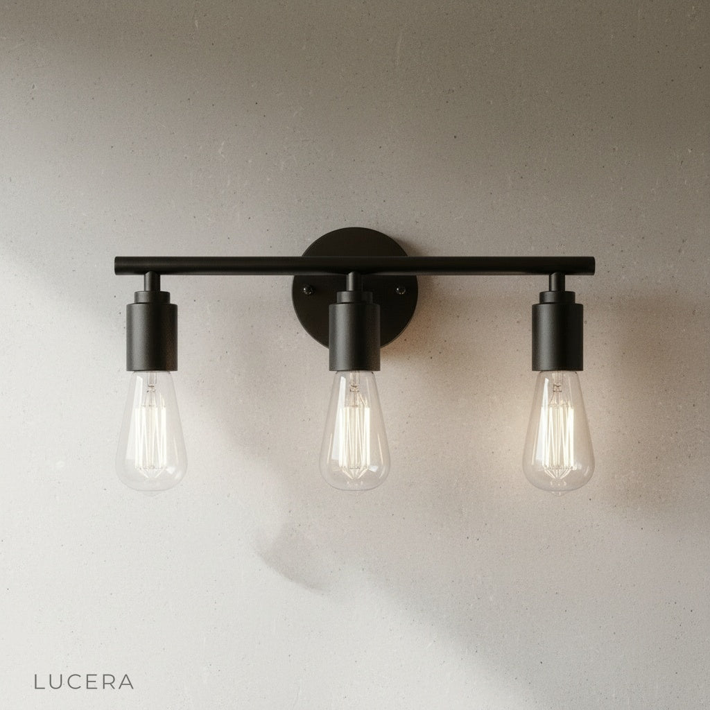 Black Wing Wall Lamp with three exposed bulb holders, studio product photography