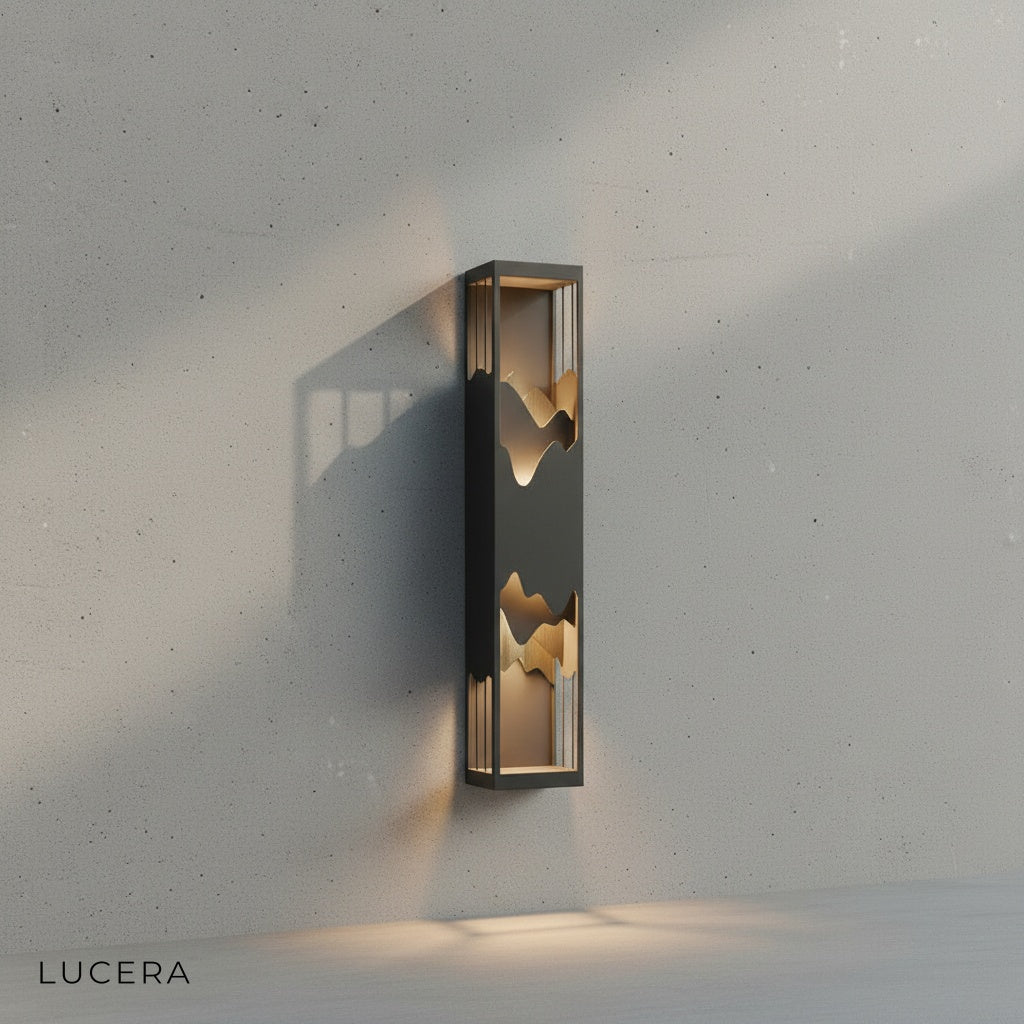 minimalist black stainless steel wall sconce on clean white background