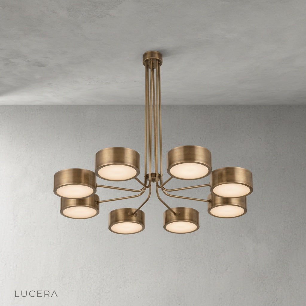 Lacrima brass chandelier three-quarter angle studio view showing radial arms
