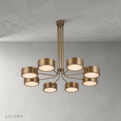 Lacrima brass chandelier three-quarter angle studio view showing radial arms