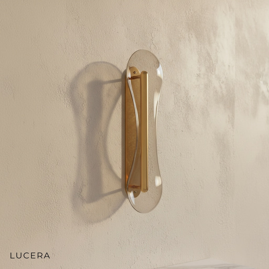 close-up detail of spire glass wall lamp glass texture and iron mounting bracket
