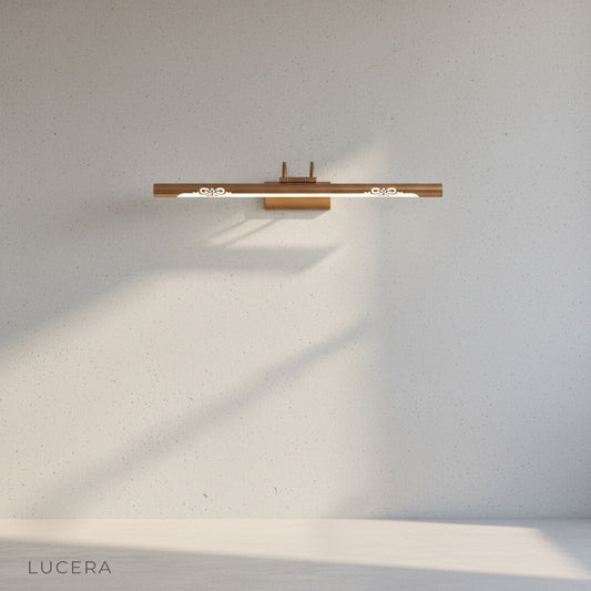 Zinc White Wall Lamp side angle studio view showing elongated copper and acrylic body