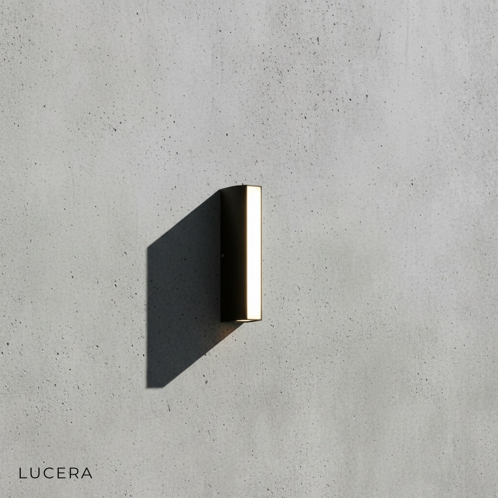 sleek rectangular outdoor wall light side angle studio shot with soft shadow
