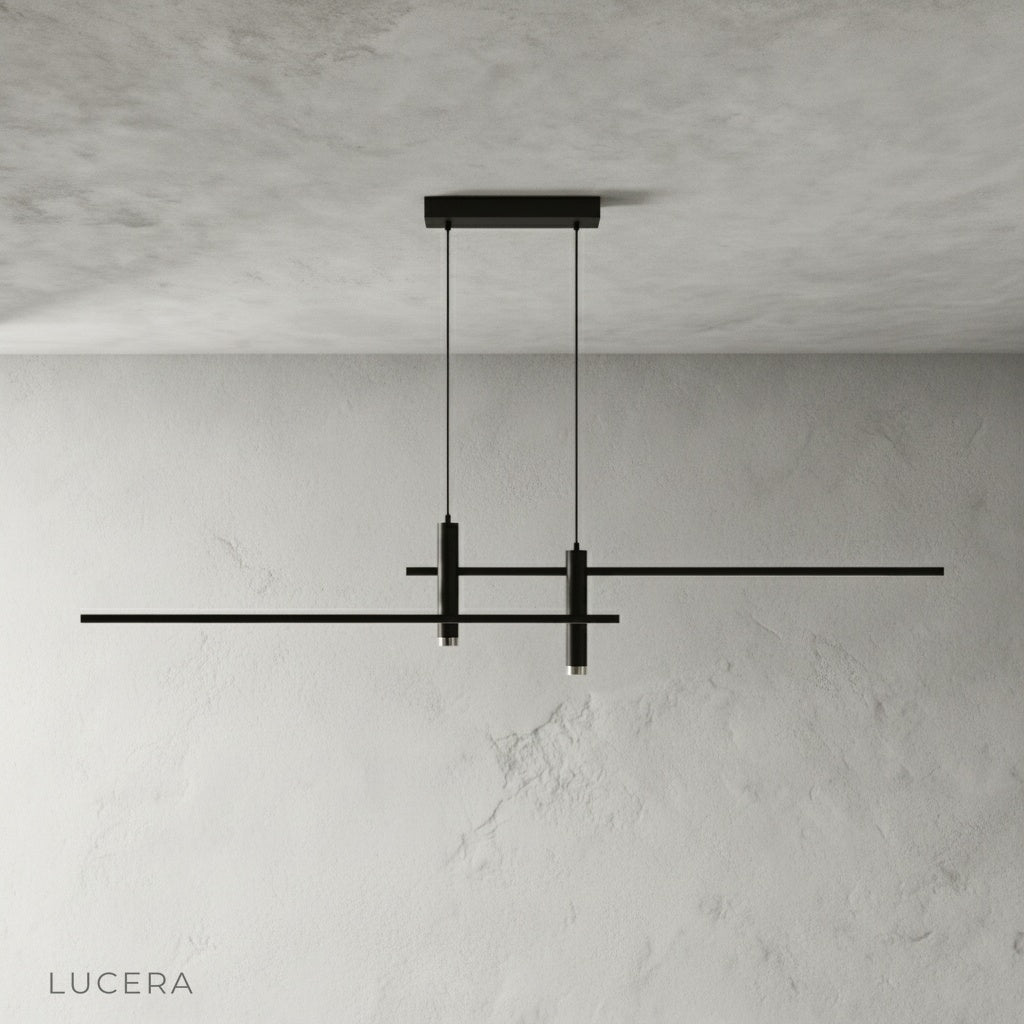 Front view of red pendant light fixture with adjustable cord, studio lighting, neutral backdrop
