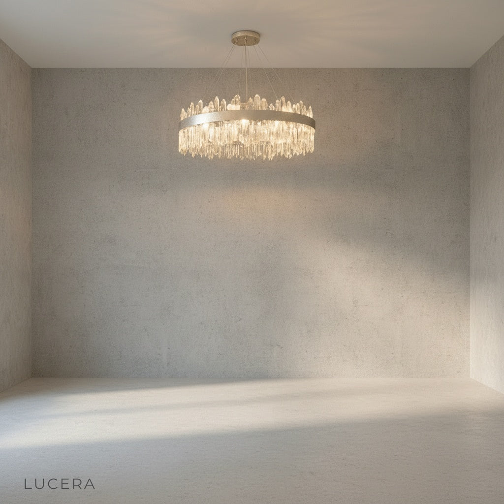 Linear Eternal Chandelier studio view showing geometric symmetry and layered crystal tiers