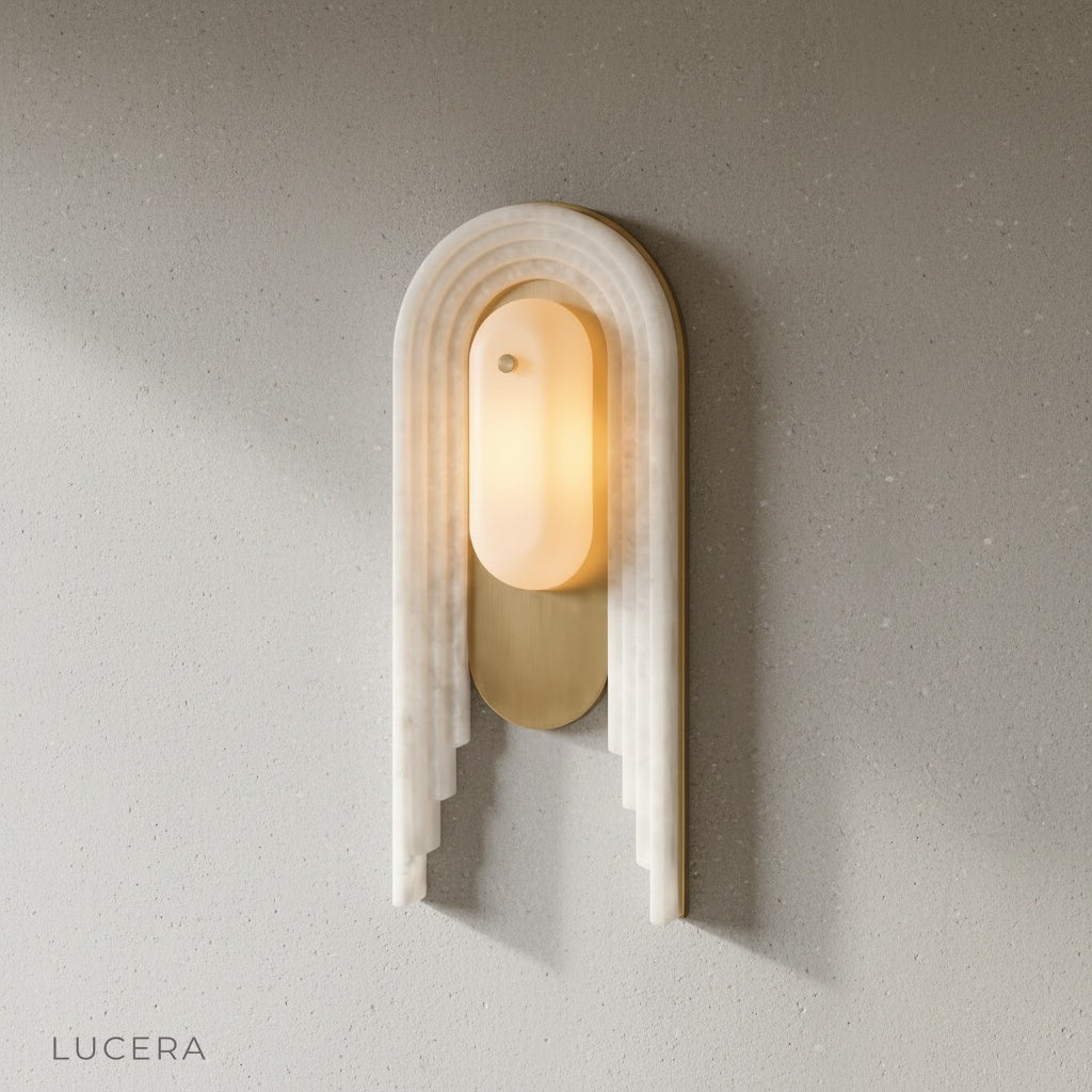 close-up of layered alabaster marble texture on Fulgid wall lamp