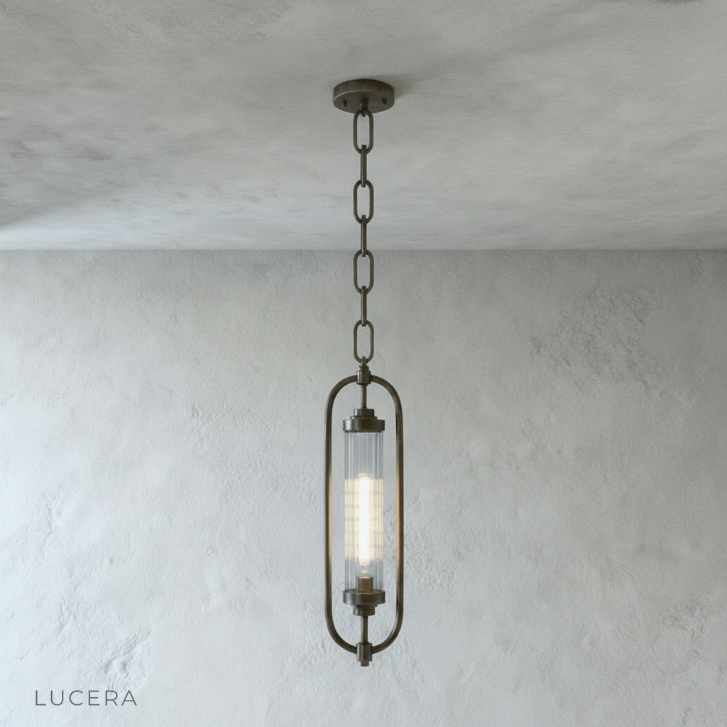 front view of Lucera Zigzag pendant lamp on clean white background showing elongated chain links