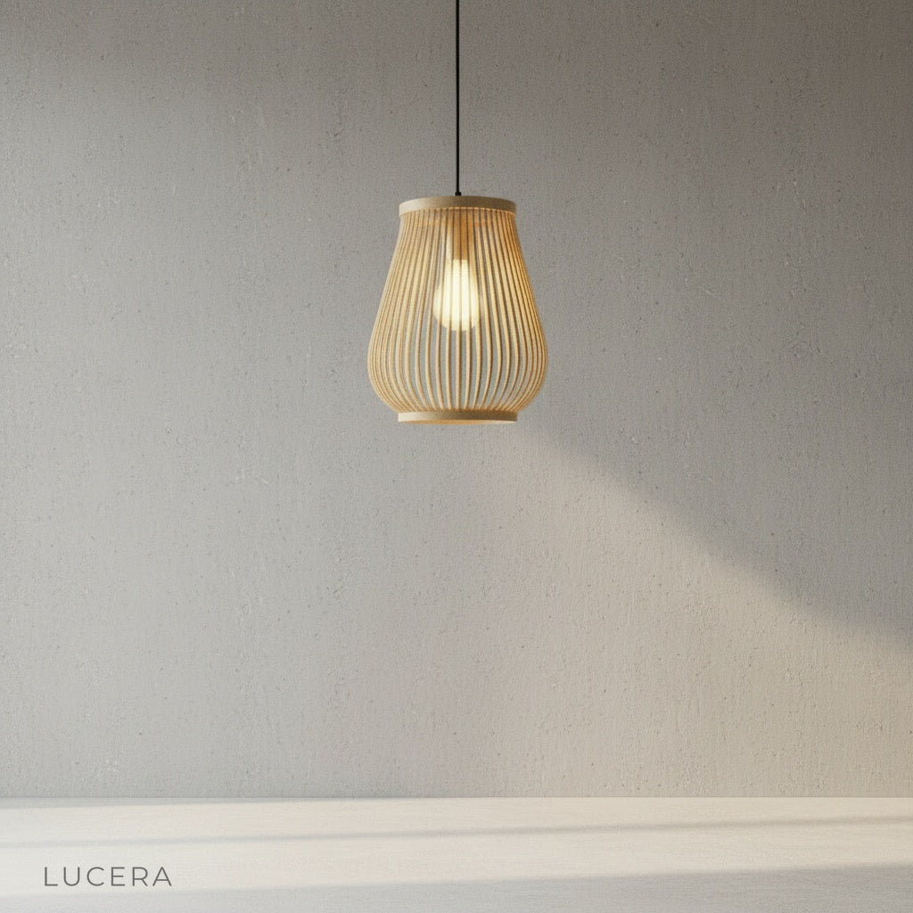 minimalist bamboo pendant lamp centered in bright studio setting with soft shadow