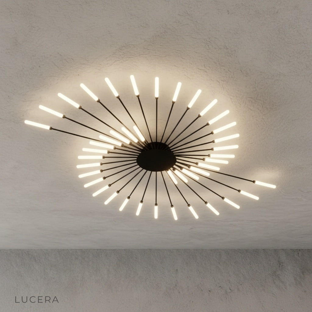 studio side profile of Karma chandelier highlighting layered rings and vertical symmetry