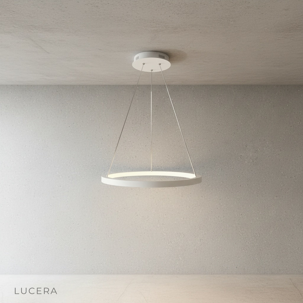 wash chandelier with cool white light in sleek commercial office space