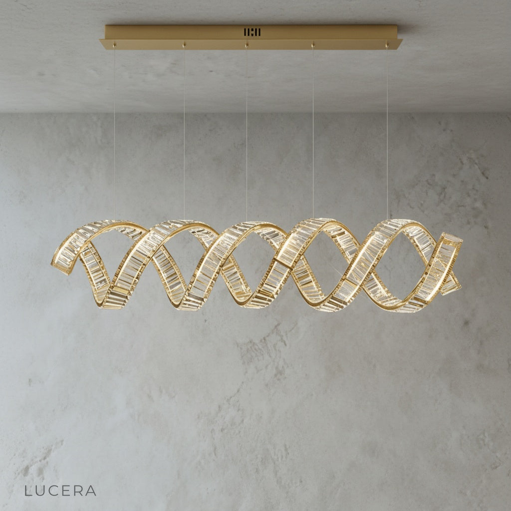 Close-up of spiral gold plating and crystal cluster on Davy's chandelier