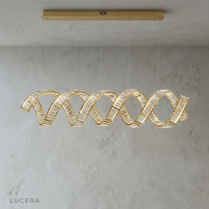 Close-up of spiral gold plating and crystal cluster on Davy's chandelier