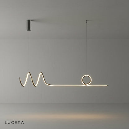 Eira Nordic pendant lamp with long strip, hanging low over a round table in a chic cafe setting