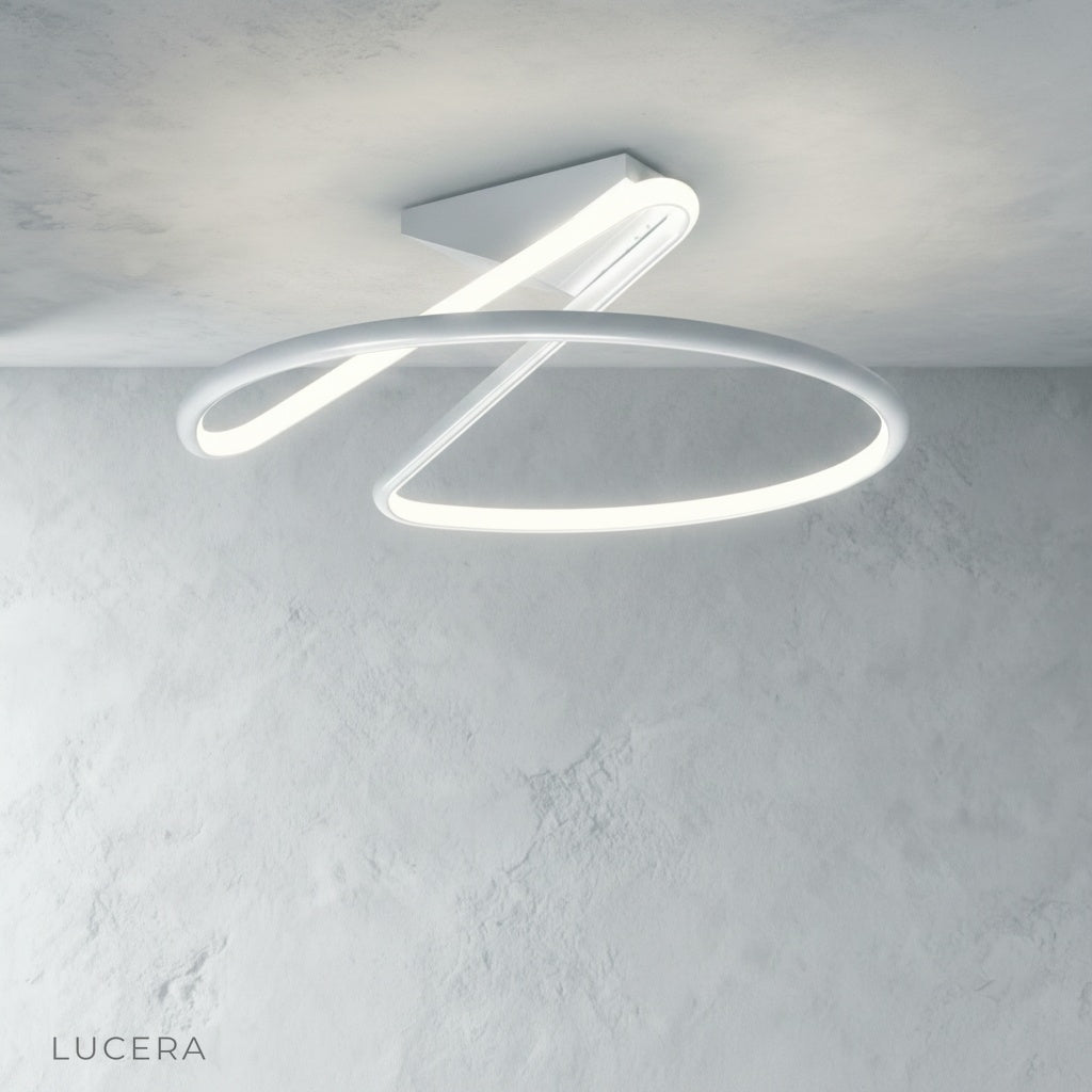 Loom ceiling light with warm filament glow in industrial loft