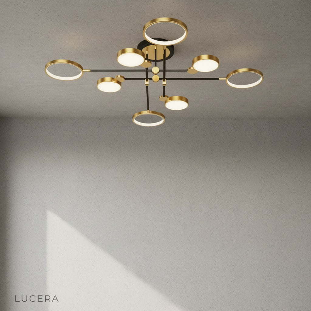 Yin-yang ceiling light in hallway with dramatic lighting and sculptural silhouette against ceiling