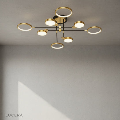 Yin-yang ceiling light in hallway with dramatic lighting and sculptural silhouette against ceiling