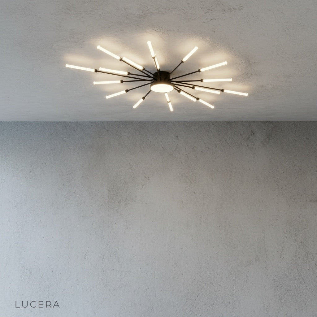 nighttime lifestyle shot of Karma chandelier in loft apartment with city lights through window