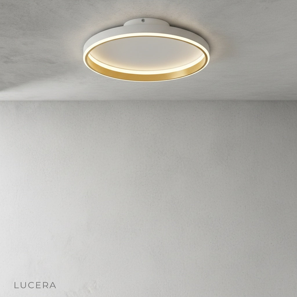 round ceiling fixture enhancing modern stairwell architecture