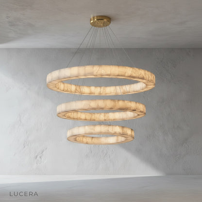 Bamboo Round Alabaster Chandelier in a sunlit breakfast nook, with natural light mixing with its warm glow