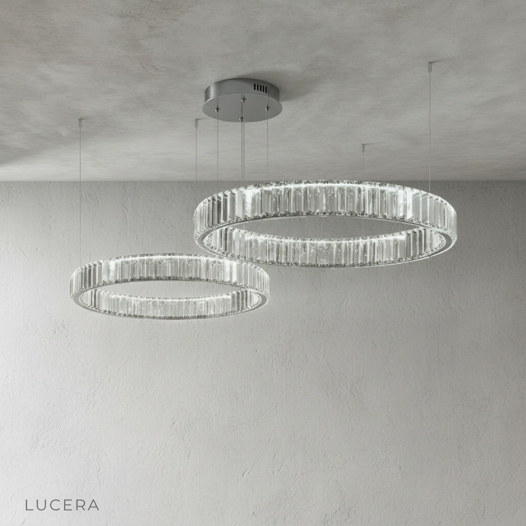 Carmelite chandelier in hallway with mirrored wall and soft shadows