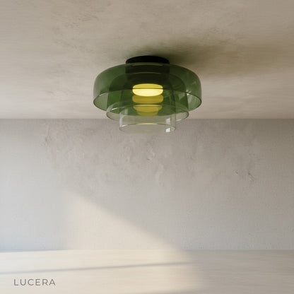 aesthetic corner view of Desdemona ceiling light in neutral hallway with layered glass reflections