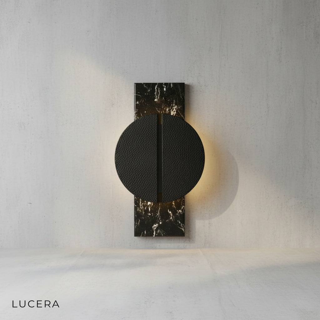 copper marble wall lamp with white light option illuminating dark wall