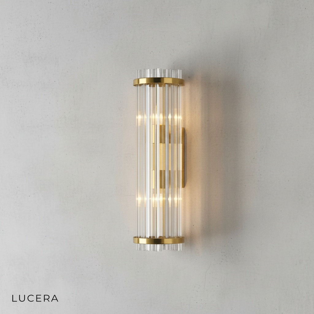 Modal wall lamp with cool white light in minimalist bathroom setting