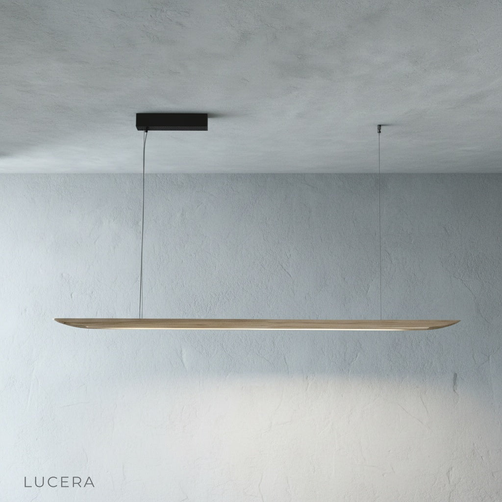 Close-up detail of the Fauvist pendant light's wooden shade and suspension cord, showing premium craftsmanship