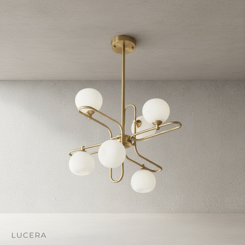 contemporary glass globe chandelier sleek metal frame studio shot