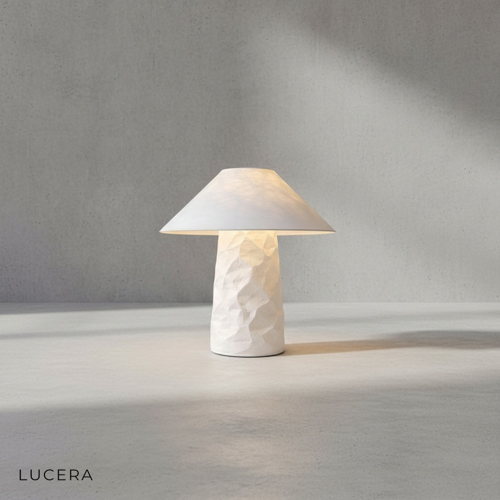 Close-up of the warm glowing paper shade highlighting the handcrafted wabi-sabi texture