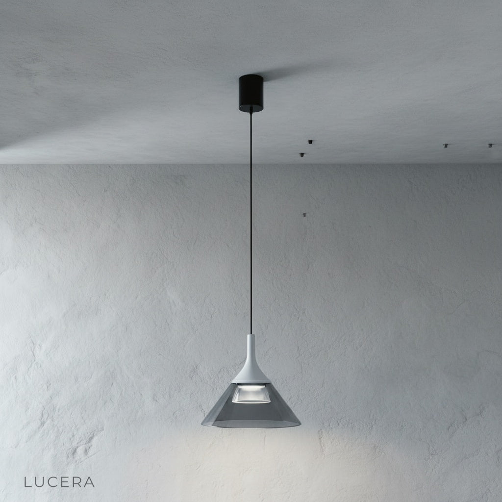 Calypso Pendant Light in matte black finish, close-up of aluminum top and glass diffuser