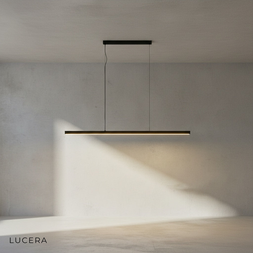 angled studio view of Palatinate chandelier highlighting sleek black profile and copper rings